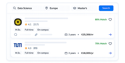 Search interface showing Master's programme results with match percentages